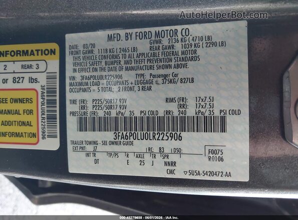 3FA6P0LU0LR225906 2020 FORD FUSION Gray Widok komory silnika