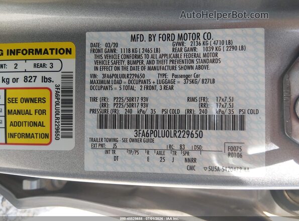 3FA6P0LU0LR229650 2020 FORD FUSION Silver Շարժիչի բաժամունքի տեսք