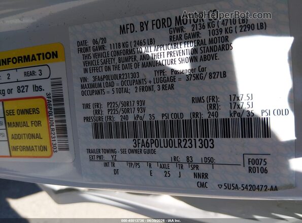 3FA6P0LU0LR231303 2020 FORD FUSION White Vista del compartimento del motor