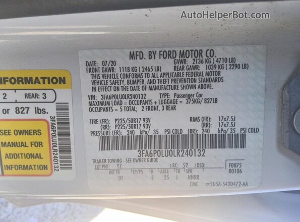 3FA6P0LU0LR240132 2020 FORD FUSION Белый Вид подкапотного пространства