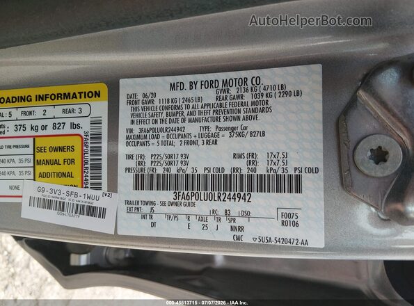 3FA6P0LU0LR244942 2020 FORD FUSION Silver Engine compartment view
