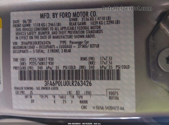 3FA6P0LU0LR263426 2020 FORD FUSION Silver Engine compartment view
