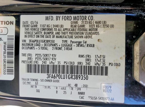 3FA6P0LU1GR389350 2016 FORD FUSION Черный Вид подкапотного пространства