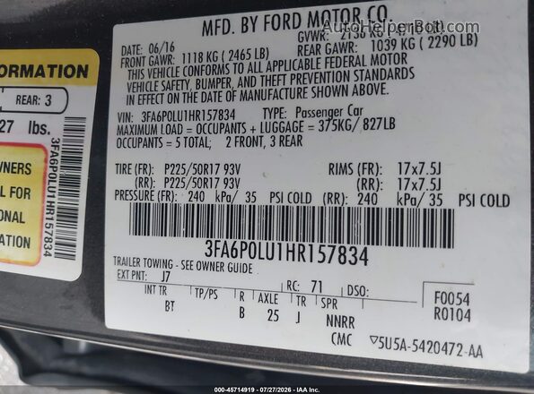 3FA6P0LU1HR157834 2017 FORD FUSION HYBRID Gray Շարժիչի բաժամունքի տեսք
