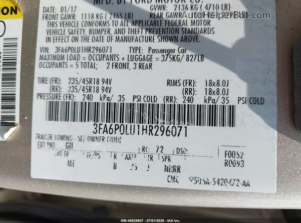 3FA6P0LU1HR296071 2017 FORD FUSION HYBRID Beige Widok komory silnika