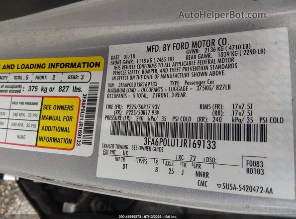 3FA6P0LU1JR169133 2018 FORD FUSION HYBRID Silver Շարժիչի բաժամունքի տեսք