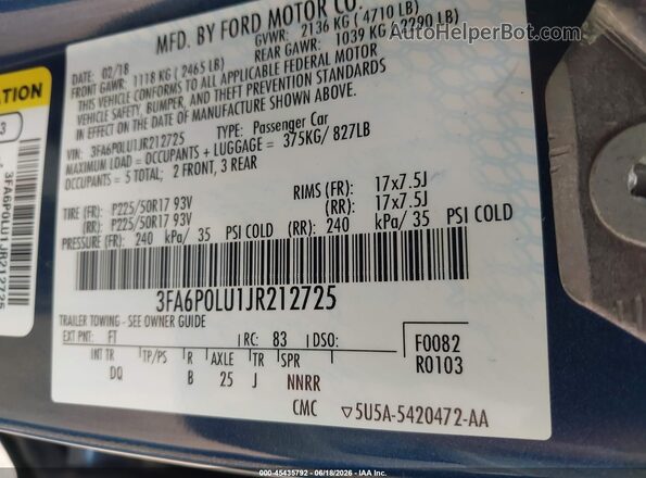 3FA6P0LU1JR212725 2018 FORD FUSION HYBRID Blue ძრავის განყოფილების ხედი