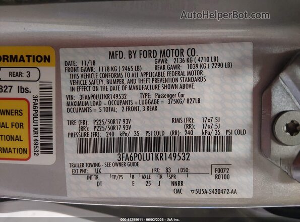 3FA6P0LU1KR149532 2019 FORD FUSION HYBRID Silver ძრავის განყოფილების ხედი