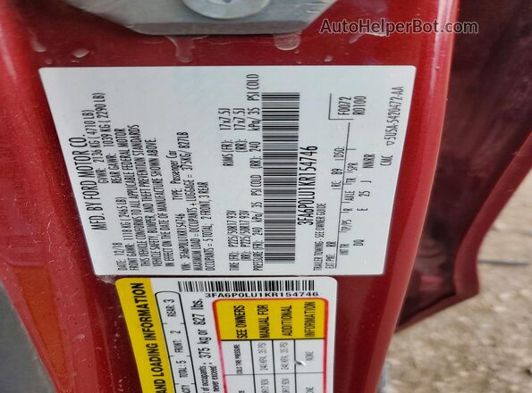 3FA6P0LU1KR154746 2019 FORD FUSION Red Engine compartment view