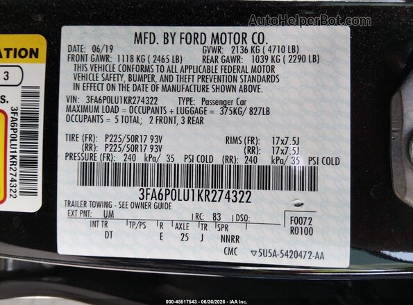 3FA6P0LU1KR274322 2019 FORD FUSION HYBRID Black Շարժիչի բաժամունքի տեսք