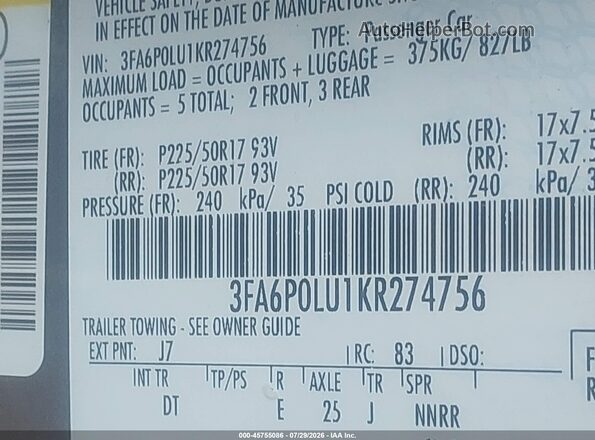 3FA6P0LU1KR274756 2019 FORD FUSION HYBRID Серый Вид подкапотного пространства