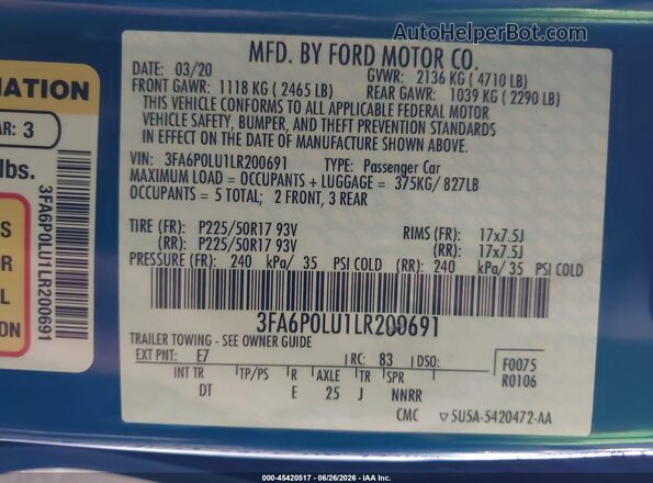 3FA6P0LU1LR200691 2020 FORD FUSION Синий Вид подкапотного пространства