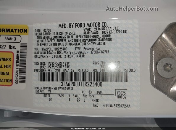 3FA6P0LU1LR225400 2020 FORD FUSION White Vista del compartimento del motor