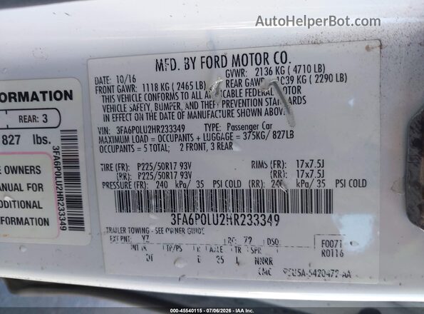 3FA6P0LU2HR233349 2017 FORD FUSION HYBRID White Vista del compartimento del motor
