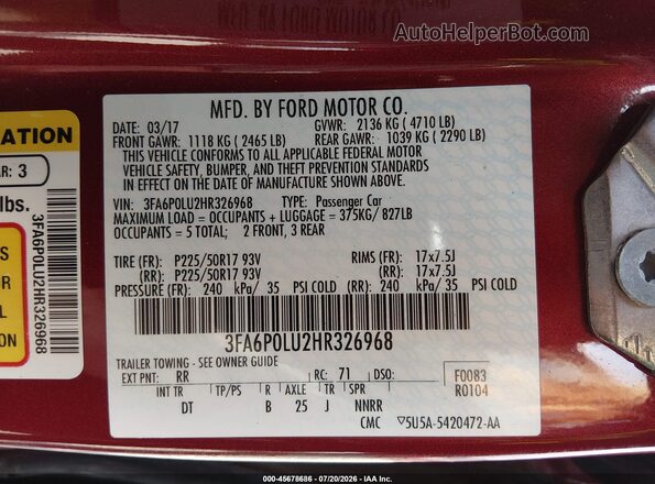 3FA6P0LU2HR326968 2017 FORD FUSION HYBRID Красный Вид подкапотного пространства