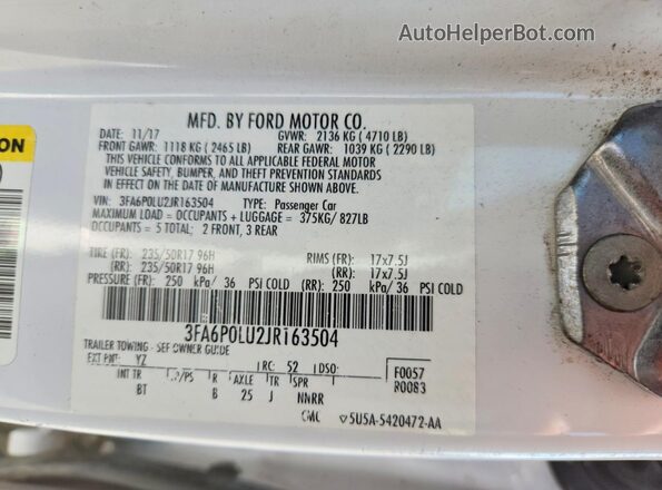 3FA6P0LU2JR163504 2018 FORD FUSION White Engine compartment view