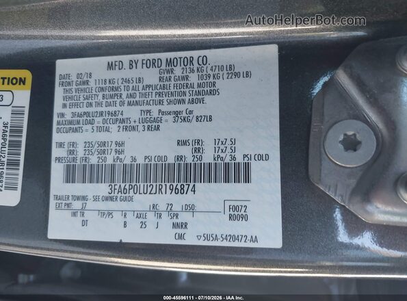 3FA6P0LU2JR196874 2018 FORD FUSION HYBRID Gray Widok komory silnika