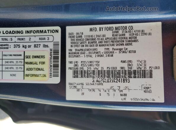 3FA6P0LU2JR241893 2018 FORD FUSION Синий Вид подкапотного пространства