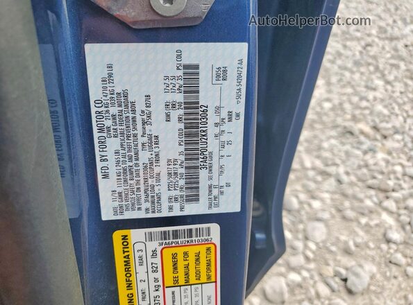 3FA6P0LU2KR103062 2019 FORD FUSION Blue Вид підкапотного простору