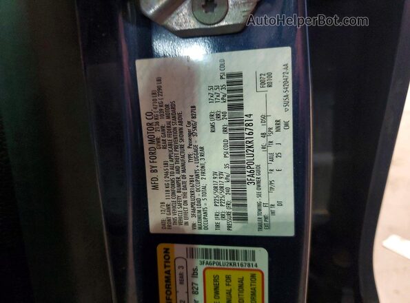 3FA6P0LU2KR167814 2019 FORD FUSION Синий Вид подкапотного пространства