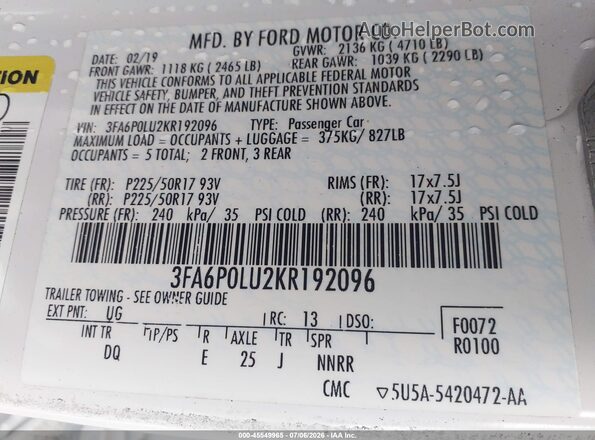3FA6P0LU2KR192096 2019 FORD FUSION HYBRID White Շարժիչի բաժամունքի տեսք
