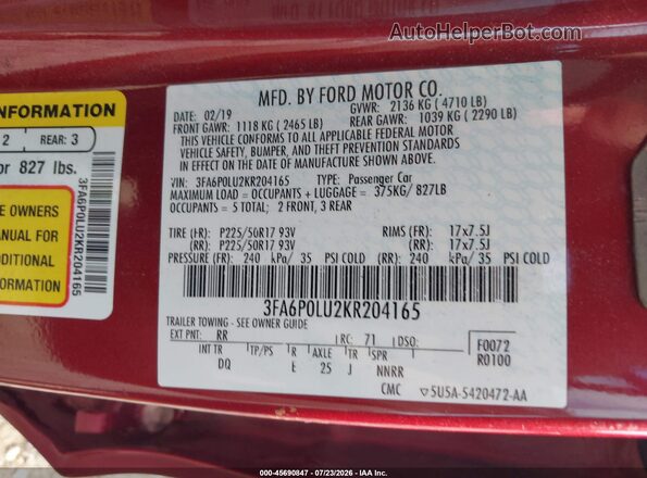 3FA6P0LU2KR204165 2019 FORD FUSION HYBRID Maroon Engine compartment view
