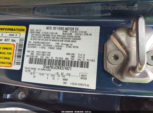 3FA6P0LU2KR274071 2019 FORD FUSION HYBRID Blue Widok komory silnika