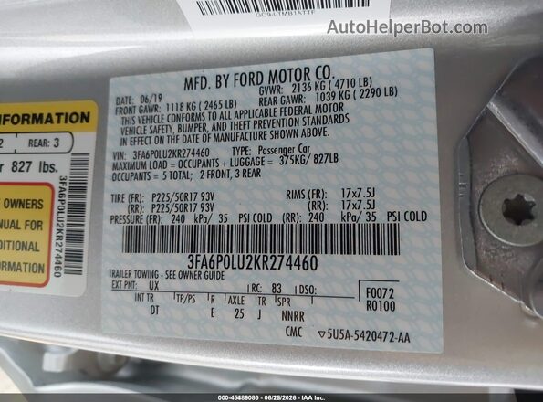 3FA6P0LU2KR274460 2019 FORD FUSION HYBRID Silver Engine compartment view