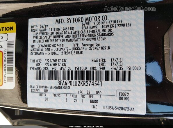 3FA6P0LU2KR274541 2019 FORD FUSION HYBRID Black Շարժիչի բաժամունքի տեսք
