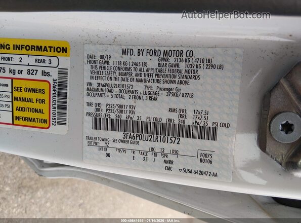 3FA6P0LU2LR101572 2020 FORD FUSION Белый Вид подкапотного пространства