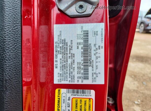 3FA6P0LU2LR162274 2020 FORD FUSION Red Vista del compartimento del motor