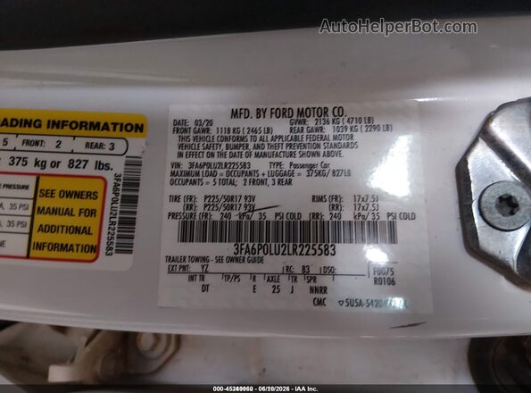 3FA6P0LU2LR225583 2020 FORD FUSION White ძრავის განყოფილების ხედი