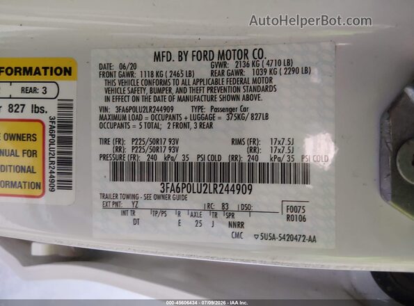 3FA6P0LU2LR244909 2020 FORD FUSION White Vista del compartimento del motor