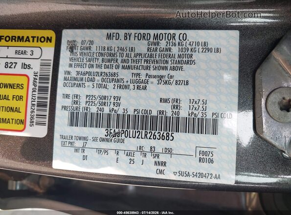 3FA6P0LU2LR263685 2020 FORD FUSION Gray Вид підкапотного простору