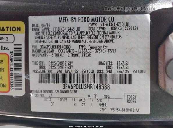 3FA6P0LU3HR148388 2017 FORD FUSION HYBRID Gray Շարժիչի բաժամունքի տեսք