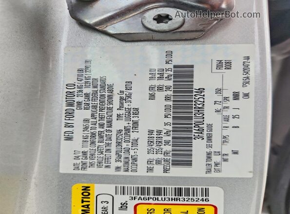 3FA6P0LU3HR325246 2017 FORD FUSION Серебряный Вид подкапотного пространства
