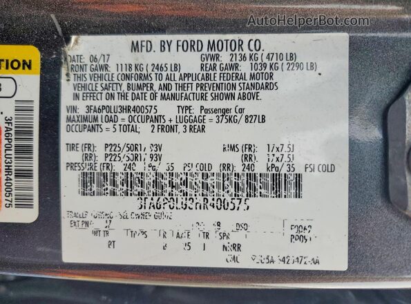 3FA6P0LU3HR400575 2017 FORD FUSION Gray Vista del compartimento del motor