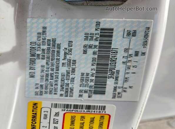 3FA6P0LU3JR241871 2018 FORD FUSION Белый Вид наклейки с VIN-кодом