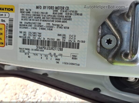 3FA6P0LU3JR271288 2018 FORD FUSION HYBRID White Vista del compartimento del motor