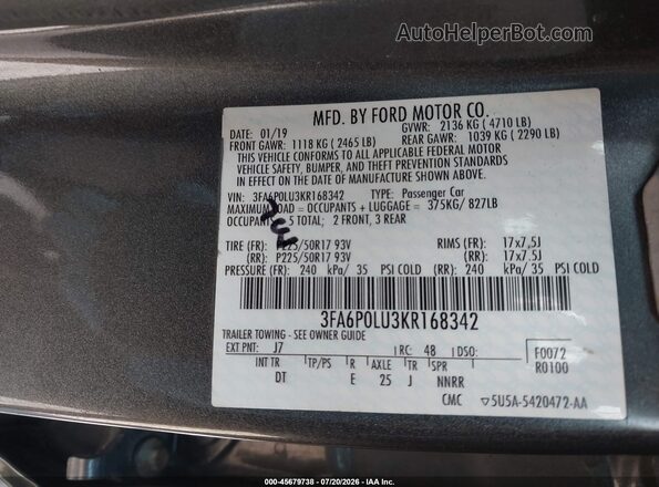3FA6P0LU3KR168342 2019 FORD FUSION HYBRID Gray Engine compartment view