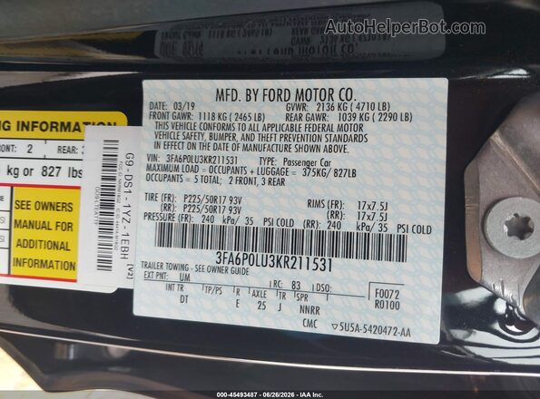 3FA6P0LU3KR211531 2019 FORD FUSION HYBRID Black ძრავის განყოფილების ხედი