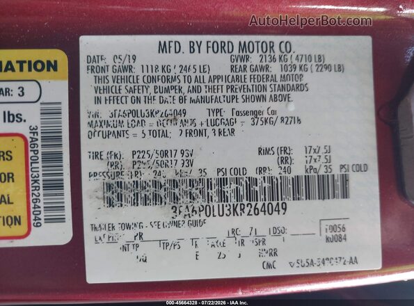3FA6P0LU3KR264049 2019 FORD FUSION HYBRID Burgundy Widok komory silnika