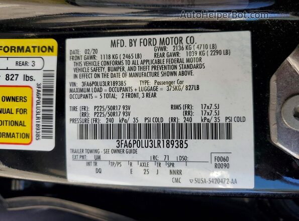 3FA6P0LU3LR189385 2020 FORD FUSION Black Vista de la etiqueta del VIN