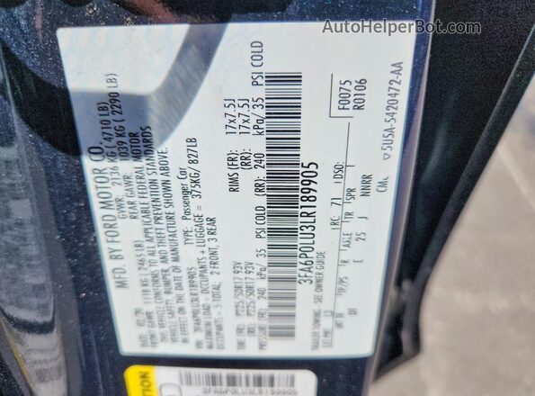 3FA6P0LU3LR189905 2020 FORD FUSION Black Շարժիչի բաժամունքի տեսք