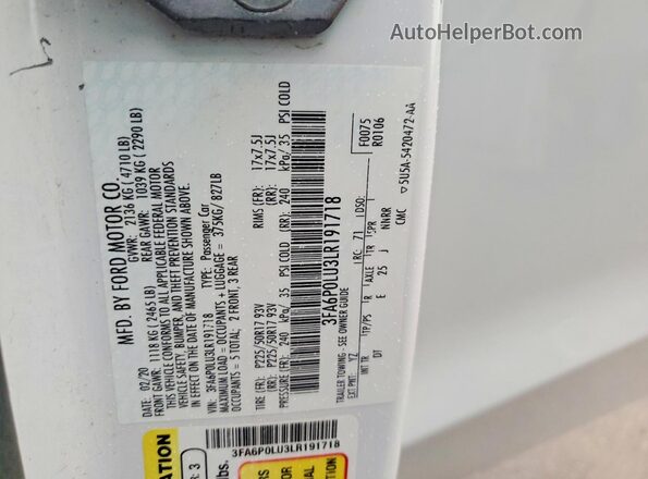 3FA6P0LU3LR191718 2020 FORD FUSION White Շարժիչի բաժամունքի տեսք