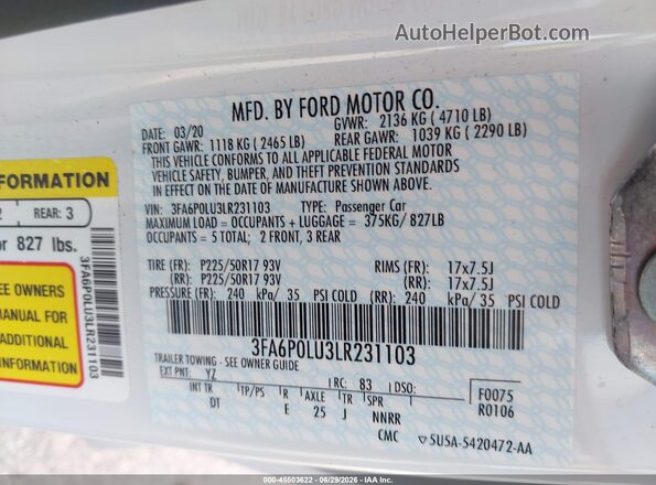3FA6P0LU3LR231103 2020 FORD FUSION White Engine compartment view