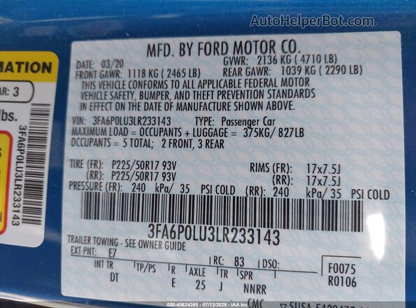 3FA6P0LU3LR233143 2020 FORD FUSION Blue Widok komory silnika