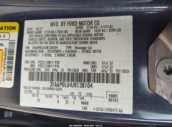 3FA6P0LU4JR138104 2018 FORD FUSION HYBRID Синий Вид подкапотного пространства