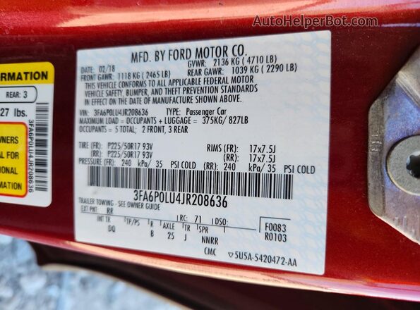 3FA6P0LU4JR208636 2018 FORD FUSION Red Vista del compartimento del motor