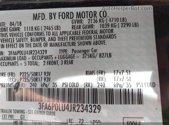3FA6P0LU4JR234329 2018 FORD FUSION HYBRID Black Widok komory silnika